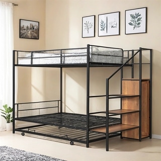 Twin Over Full Metal Bunk Bed with Trundle & Storage Ladder & Wardrobe