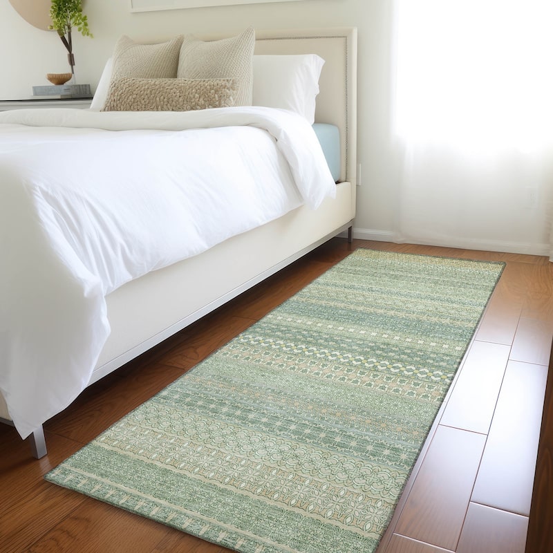 Machine Washable Indoor/ Outdoor Moroccan Stripes Chantille Rug - Aloe - 2'3" x 7'6"