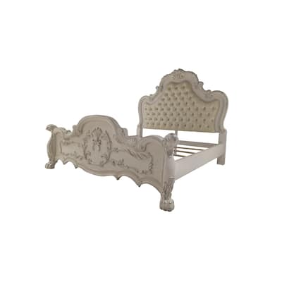 California King Bed - Mediterranean Style PU Bed Frame Antique White Finish