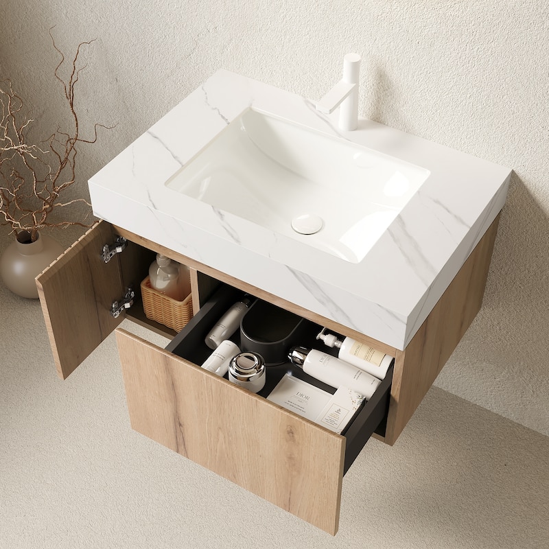 30" Bathroom Vanity & Sink, Floating Plywood Storage Cabinet with Drawer & Door, Sintered Stone Top & Ceramic Basin