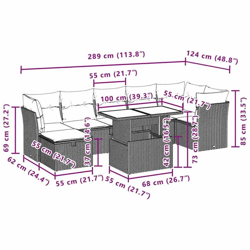 vidaXL Patio Sofa Set with Cushions and Table Outdoor Garden 8 Piece Poly Rattan - 24.4" x 24.4" x 27.2"