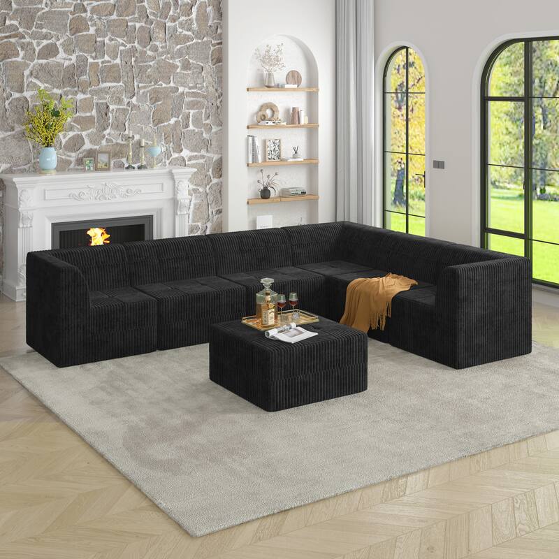Roomfitters L-Shape Modular Sectional Sofa, Corduroy Sleeper Couch with Ottoman, Space-Saving Design for Living Room