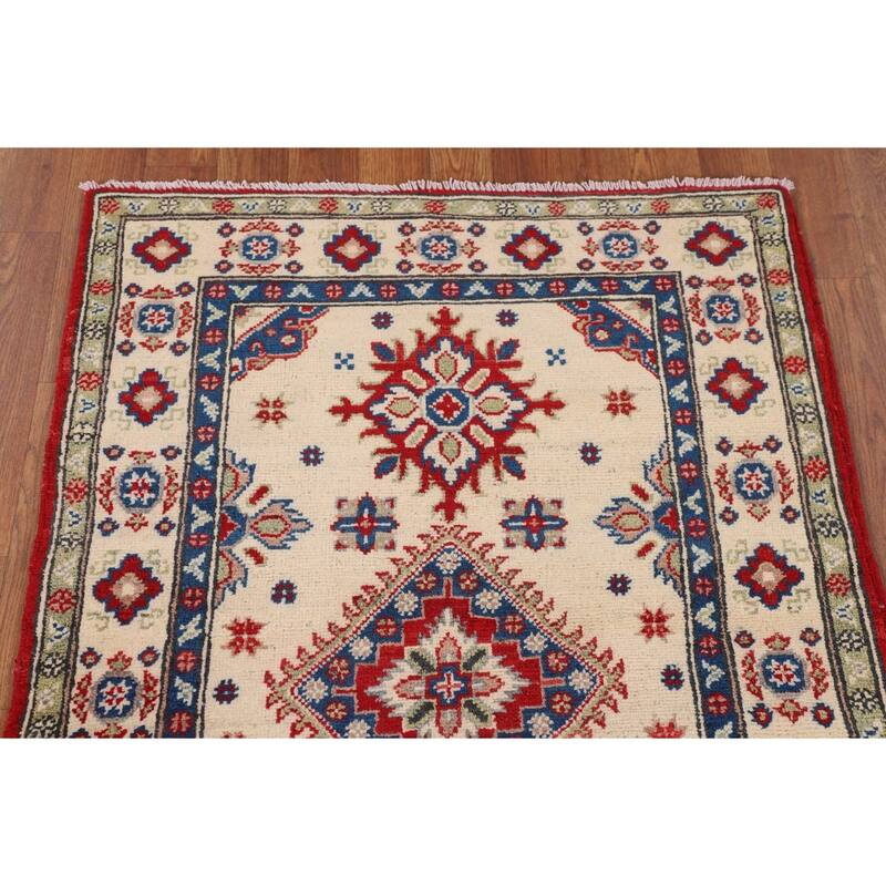 Beige / Ivory Geometric Kazak Accent Rug Hand-Knotted Wool Carpet - 2'9" x 3'10"