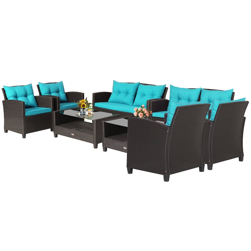 Costway 8 PCS Patio Rattan Furniture Set Glass Table Shelf Sofa - See Details