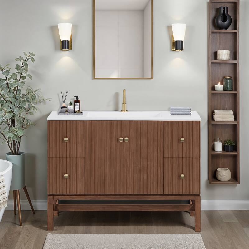 Kenzo 47 in. Bathroom Vanity in Walnut with White Solid Surface Top - 47" Single Sink