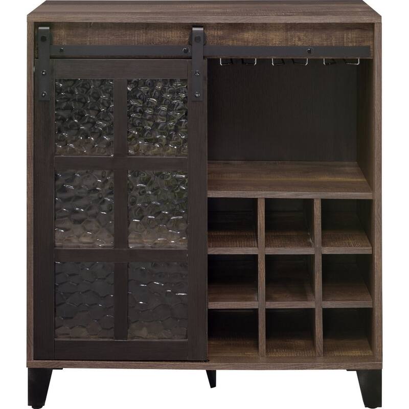 Wine Cabinet with Metal Barn Sliding Glass Door and 9 Cubbies, Brown