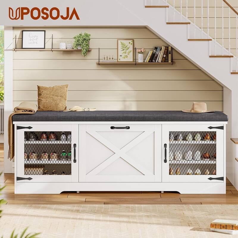 Storage Bench with Cushion Adjustable Shelf Shoe Rack Cabinet