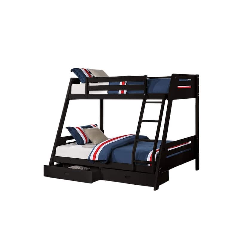 Black Wood Twin Over Full Bunk Bed with Reversible Ladder and Underbed Drawers