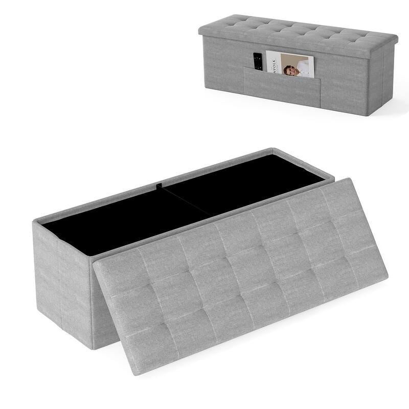 Large 38 Gallon Linen Fabric Storage Ottoman Bench Folding Multipurpose Footrest and Seat with Foam Cushion - 43" × 15" × 15" - Light Gray