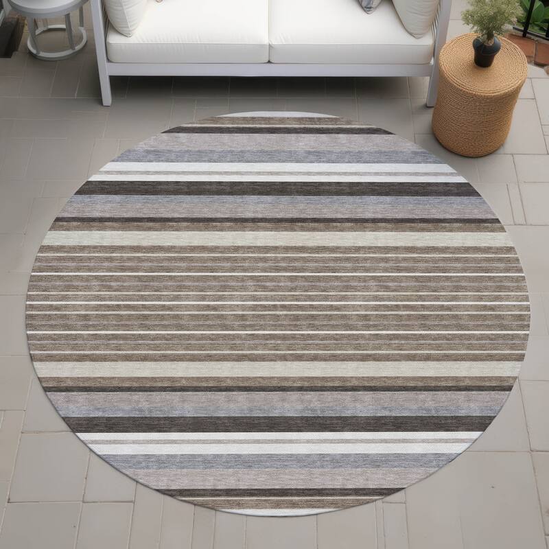 Machine Washable Indoor/ Outdoor Modern Stripes Chantille Rug - Taupe - 8' x 8'