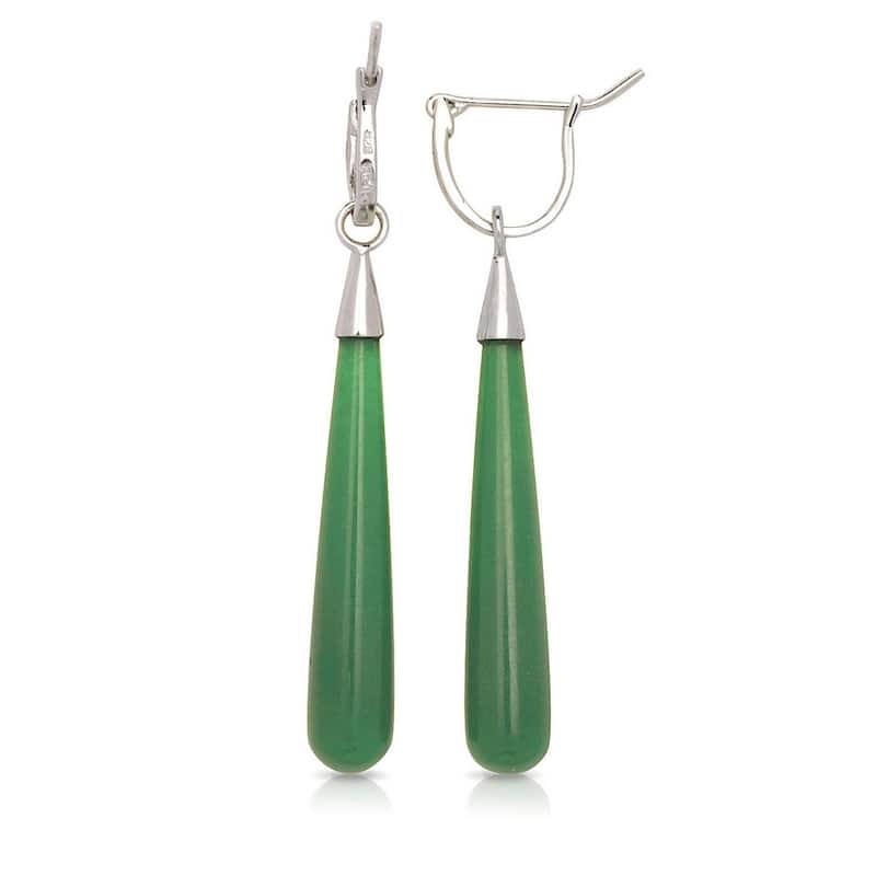Curata Sterling Silver/Rhodium Elongate Tear-drop Green Jade Drop Dangle Earrings (7mm x 52mm)