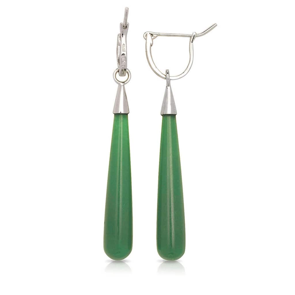 Curata Sterling Silver/Rhodium Elongate Tear-drop Green Jade Drop Dangle Earrings (7mm x 52mm)