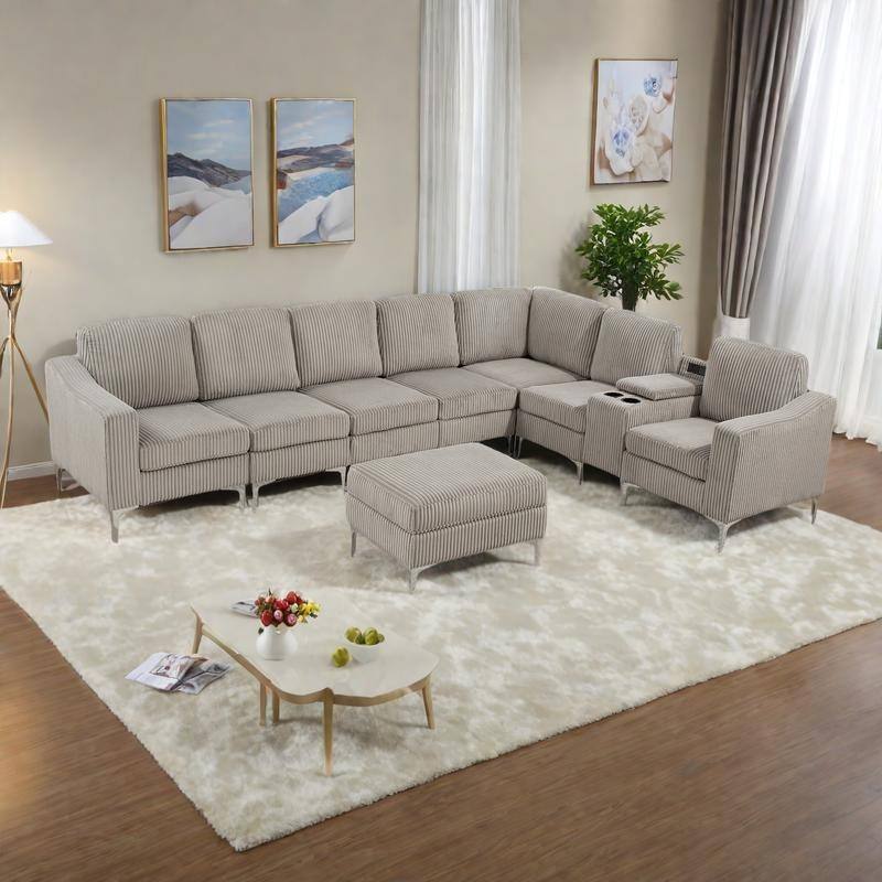 129.14" Corduroy 6-Piece Modular Sectional Sofa with Storage Ottoman, USB Charging and Cup Holders - Gray