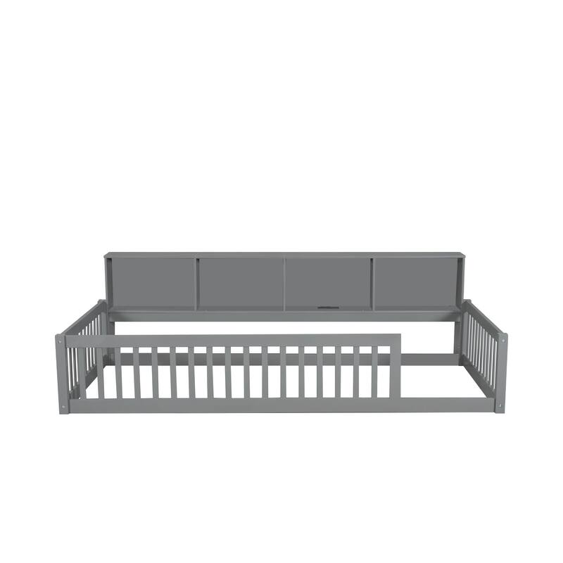 Twin XL Solid Wood Bed with 3 Cabinets, Charging Station & Safety Fence