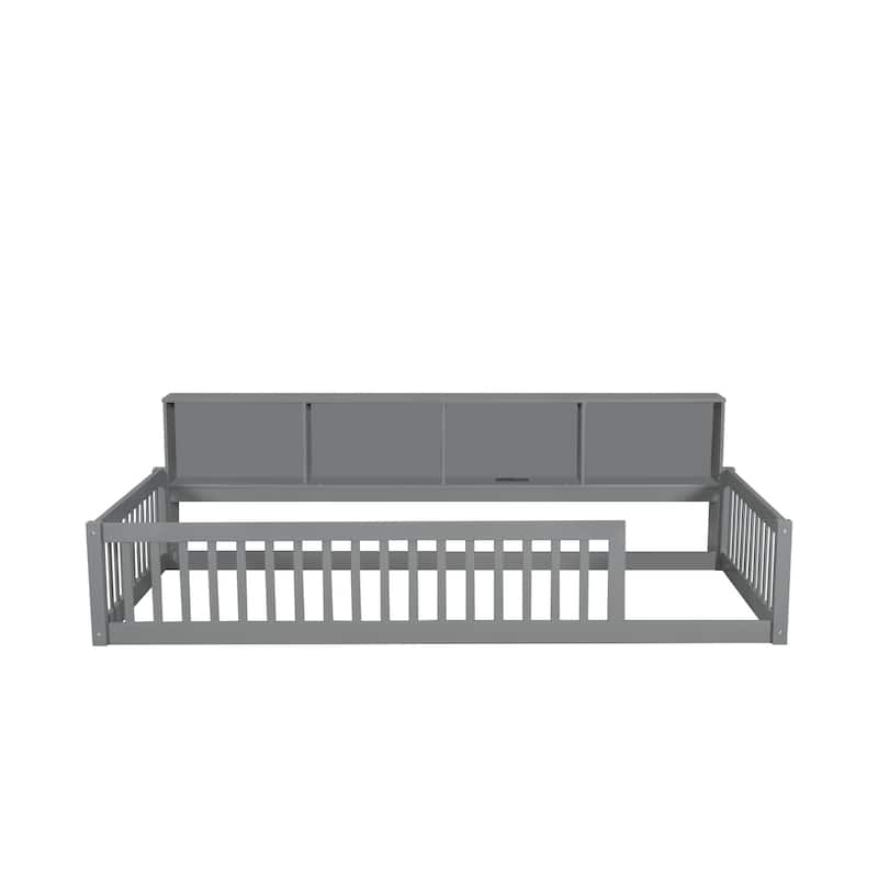 Wood Twin XL Size Floor Bed with Storage Cabinets and USB Ports, Solid Wood Bedframe w/Fence, No Box Spring Needed
