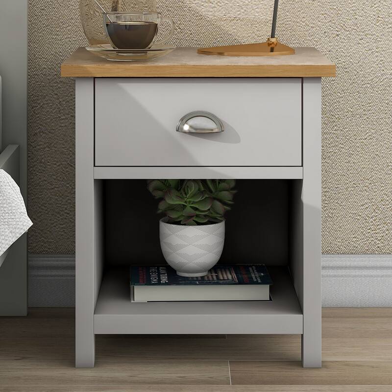 Country Gray Solid One Drawer Nightstand Side Table with Oak Top for