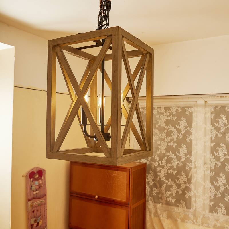 3 Light Lantern Rectangle Chandelier with Wood Accents - 20.23"*12.12"*12.12"