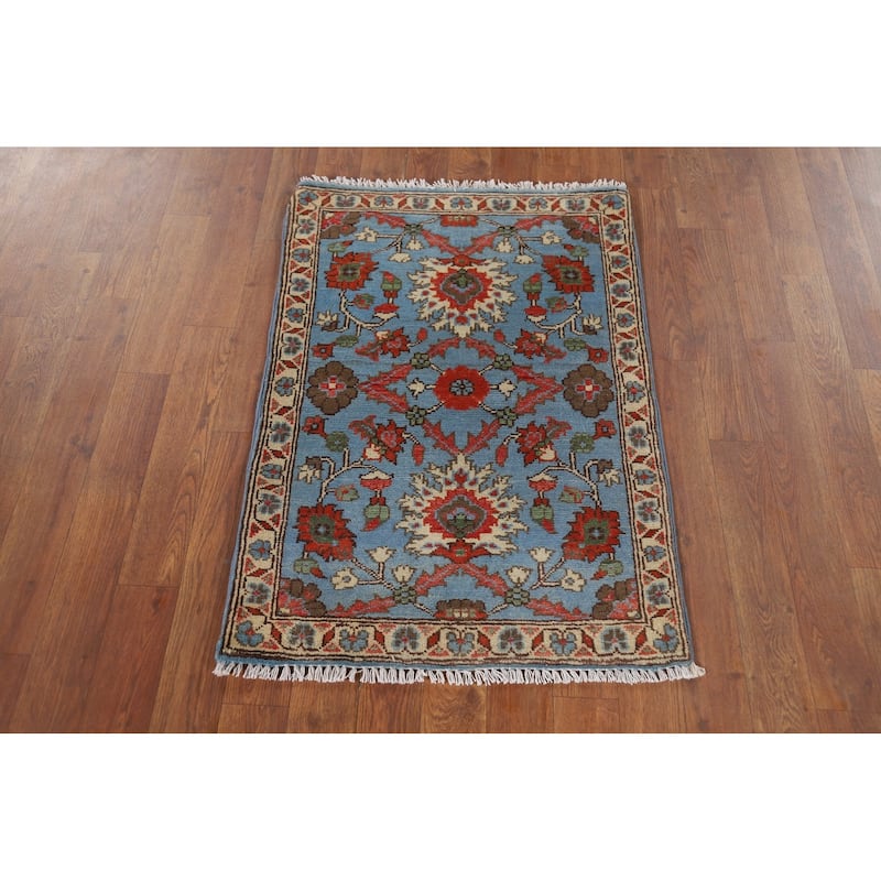Light Blue Kazak Oriental Foyer Rug Hand-Knotted Floral Wool Carpet - 2'0" x 2'11"