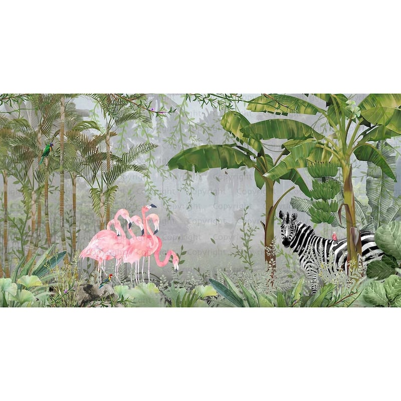 Exotic Tropical Jungle Wallpaper Mural Flamingos and Zebra - Green - W:204" x H:110"