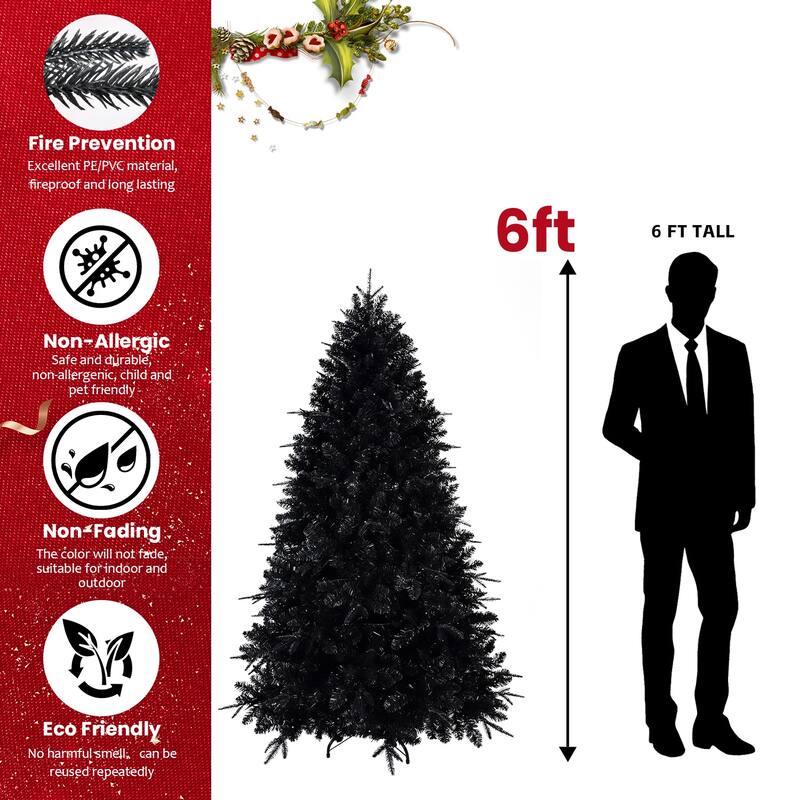 Pre-Lit Black Artificial Christmas Tree - White LED Lights, PE/PVC Branches, Hinged Structure, Metal Stand