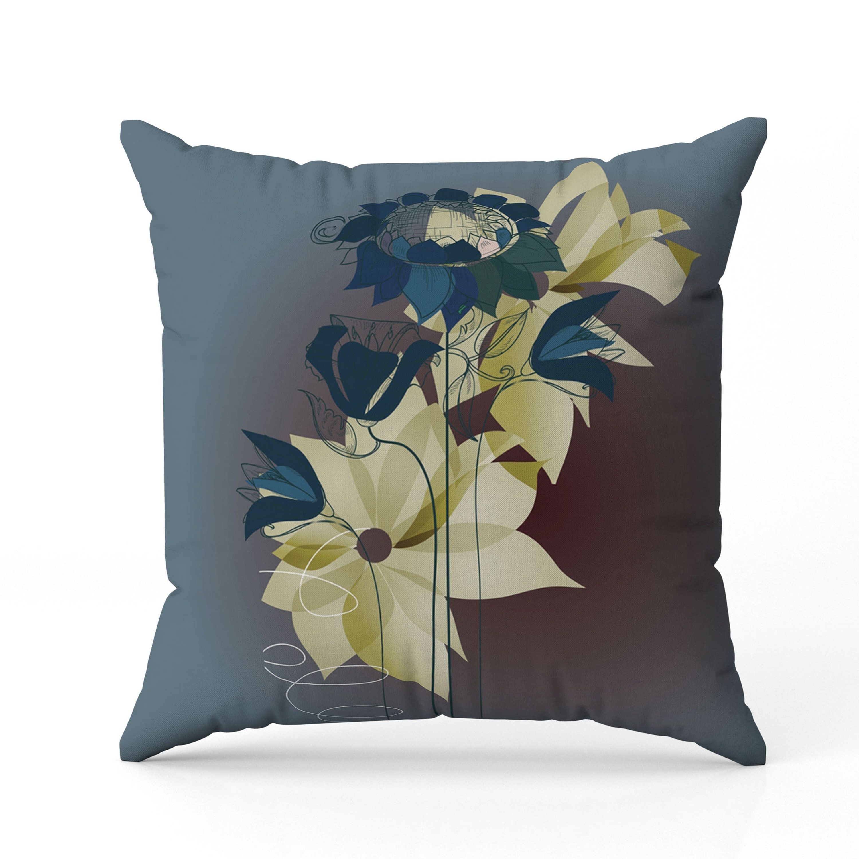 Flowers Line Art Faux Suede Reversible Throw Pillow Blue and Brown