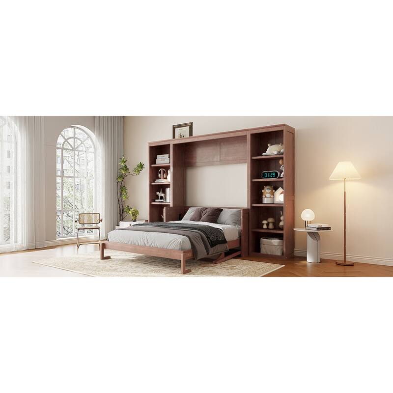 Roomfitters Full/Queen Size Murphy Bed with Desk and Bookshelf Storage, Space Saving, Dark Brown