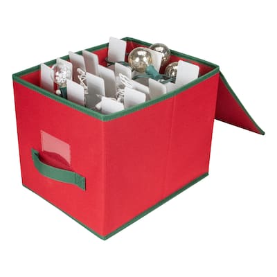 13" Red and Green Christmas Ornament Storage Box with Removable Dividers