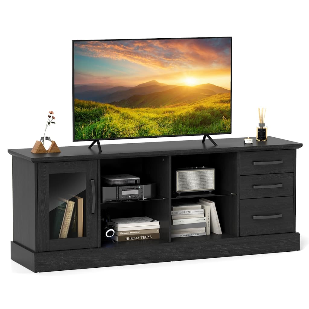 Gymax 63'' Media Console Table w/ 3 Drawers 2 Glass Shelves Cable