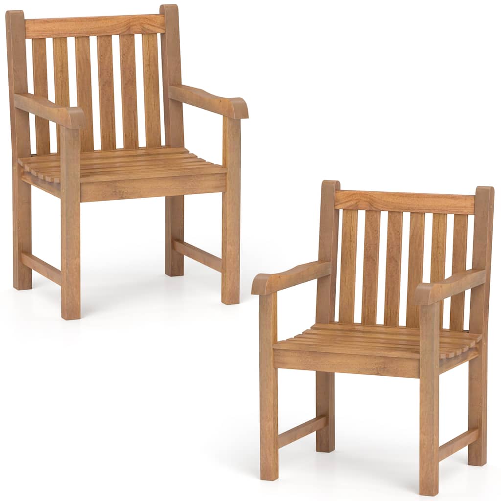 Gymax 2 PCS Teak Wood Patio Dining Chair Outdoor Armchair w/ Slatted