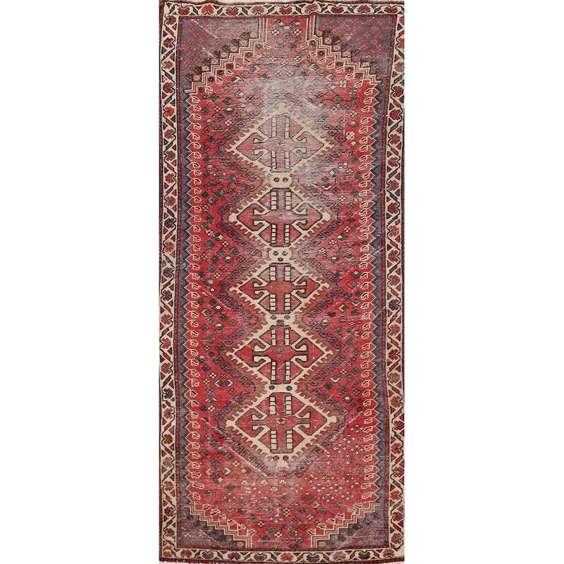 Hand Knotted Oriental 100% Wool Carpet Traditional Tribal Red Shiraz Runner Rug - 9' 4'' X 3' 5''