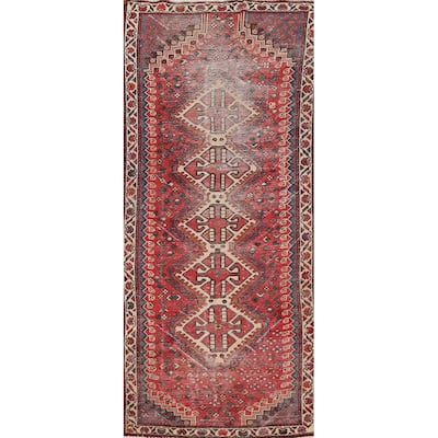 Hand Knotted Oriental 100% Wool Carpet Traditional Tribal Red Shiraz Runner Rug - 9' 4'' X 3' 5''