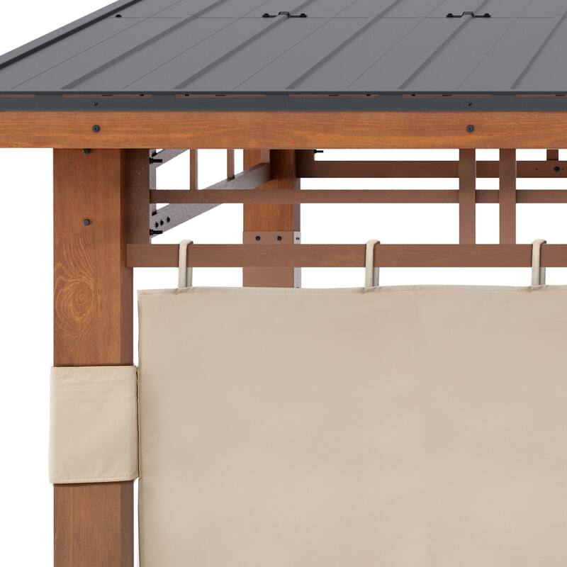 10x12 ft Outdoor Pavilion Wooden Gazebo with Hardtop Metal Roof Shelter for Patio, Backyard, Garden