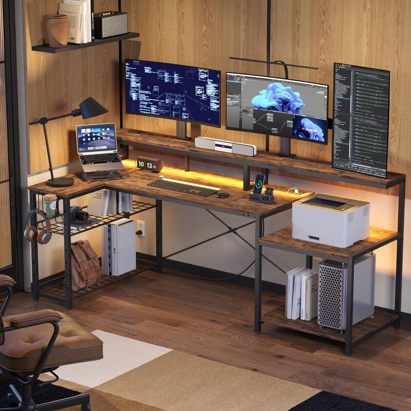 Bestier 71.5“” Computer Desk with Power Outlets, L Shaped LED Home Office Desk with Long Monitor Stand and Cup Holder & Hooks