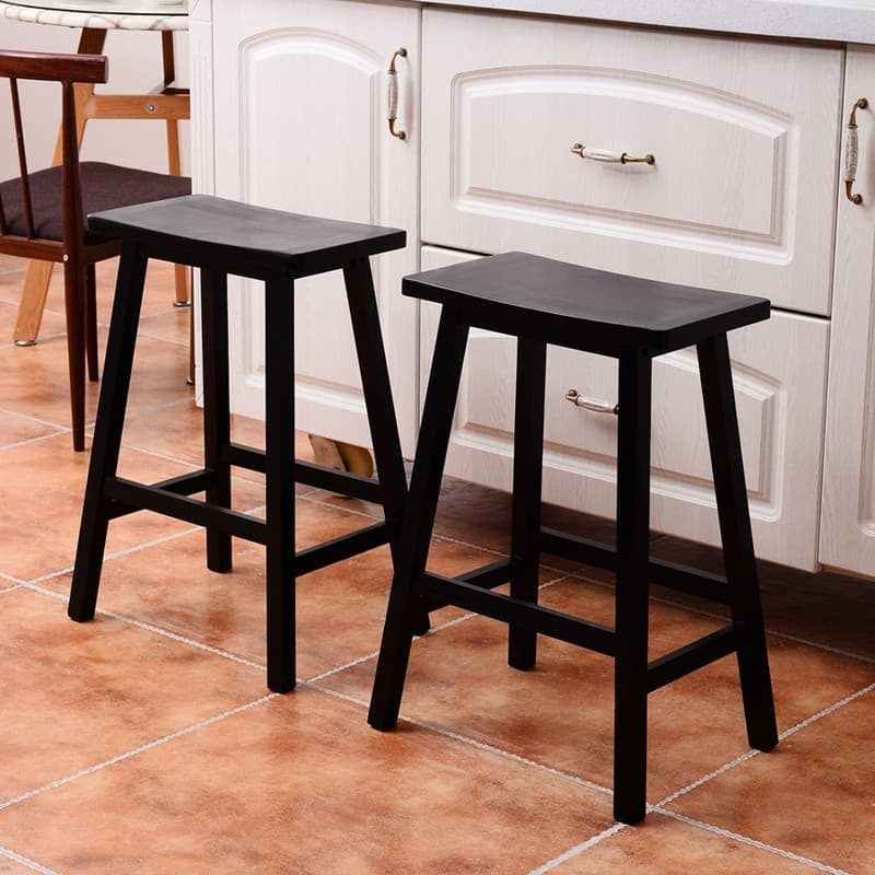 Rectangle Pine Wood Saddle Seat Bar Stool Black (Set of 2) - Black