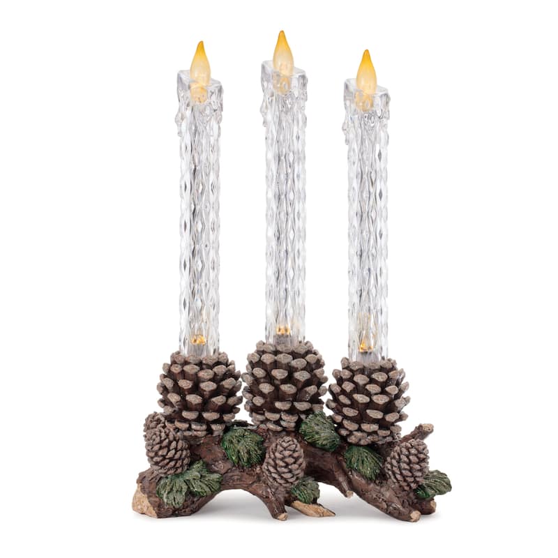Set of Three Clear Flameless Taper Candles In Brown And Green Resin Pinecone Holder