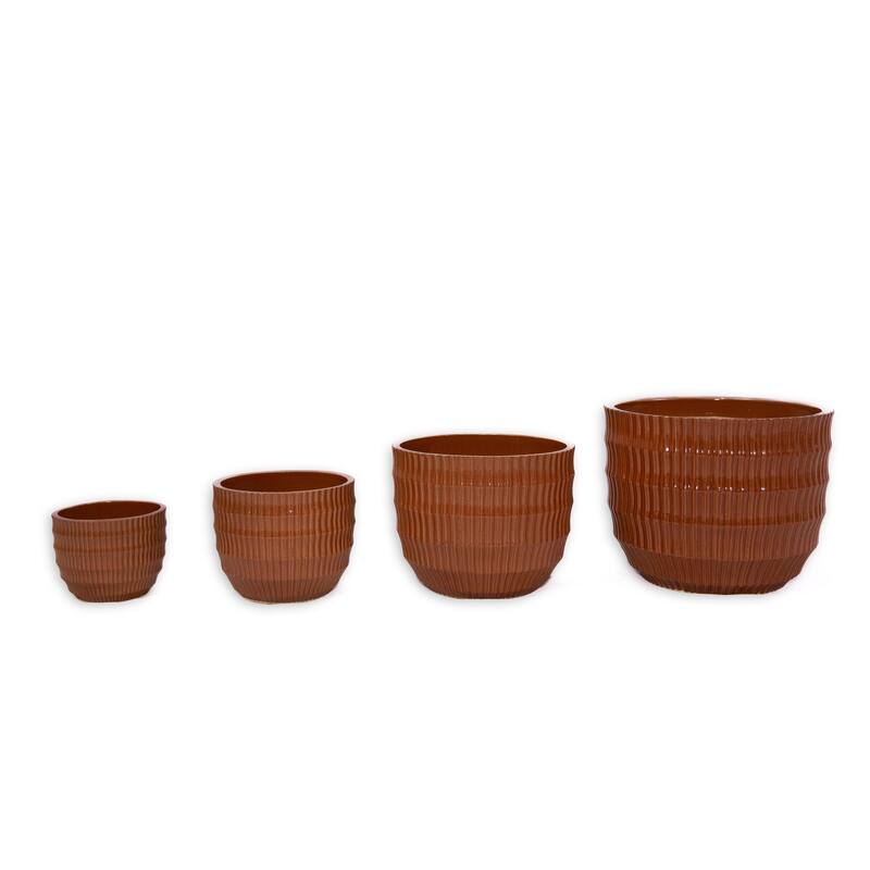 Coral Ceramic Flowerpot 4pc Set, Sleek Striped Design, Drainage Hole, Frost Heat Weather Resistant, for Patio Garden Windowsill