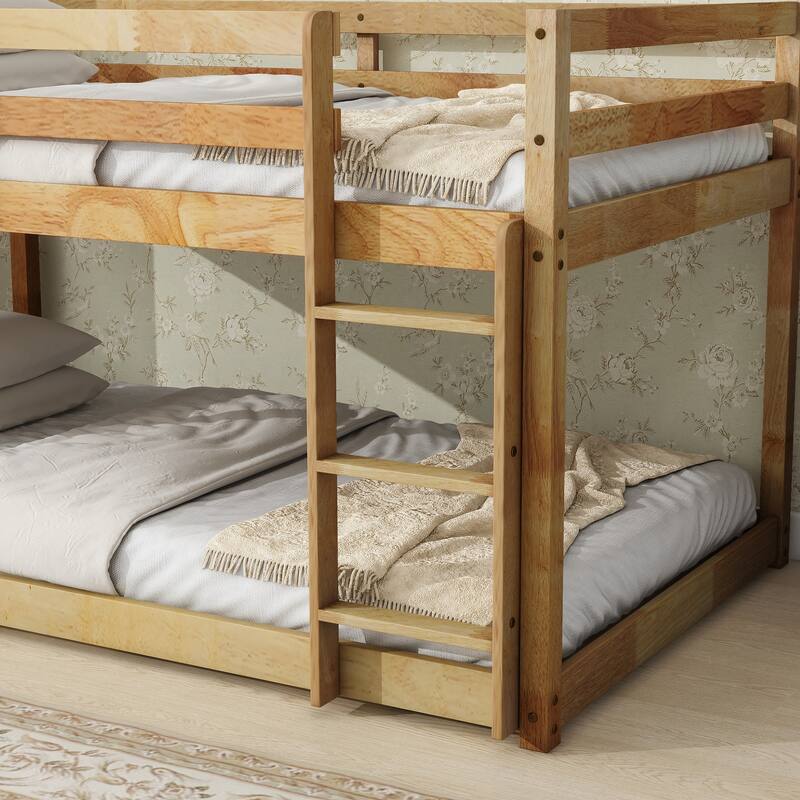Roomfitters Solid Rubber Wood Twin over Twin Floor Bunk Bed with Ladder, Reinforced Slat Platforms, Low Height Design