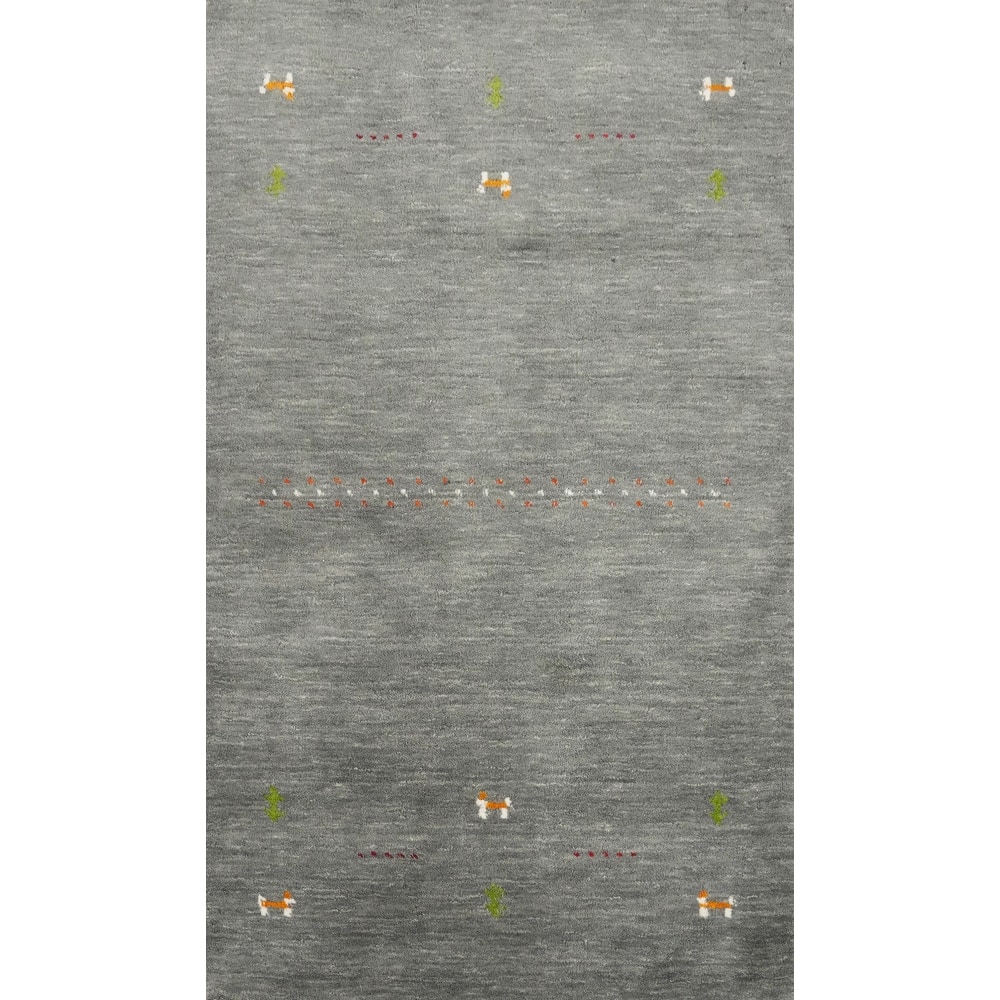 Hand Knotted Oriental 100% Wool Carpet Tribal Animal Pictorial Greys & Charcoal Gabbeh Area Rug - 4' 10'' X 3' 0''
