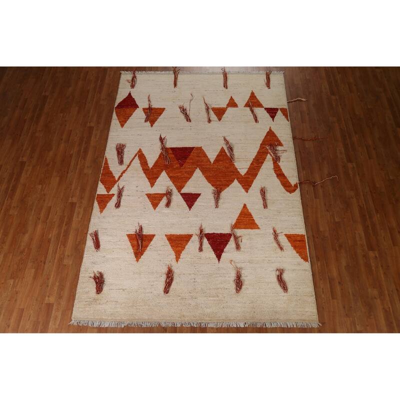 Hand Knotted Oriental 100% Wool Carpet Modern Tribal Beige & Ivories Moroccan Area Rug - 9' 11'' X 6' 10''