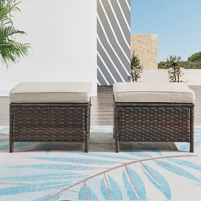 Pocassy Outdoor cushioned Wicker Footstool Ottomans - Brown/Beige
