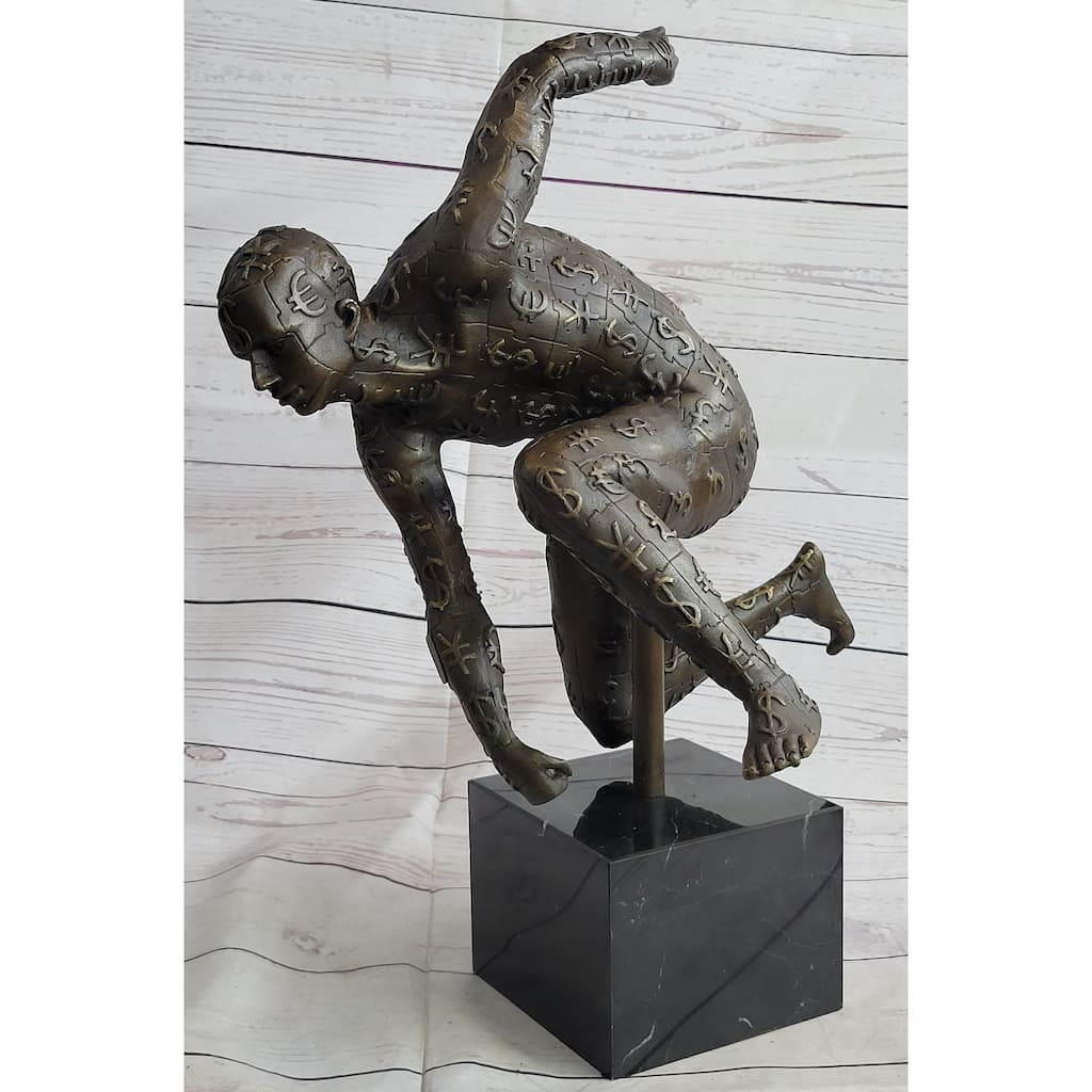 Running For The Money Bronze Metal Sculpture Statue Of Man Covered In Currency Symbols 17 Inches X 17 Inches