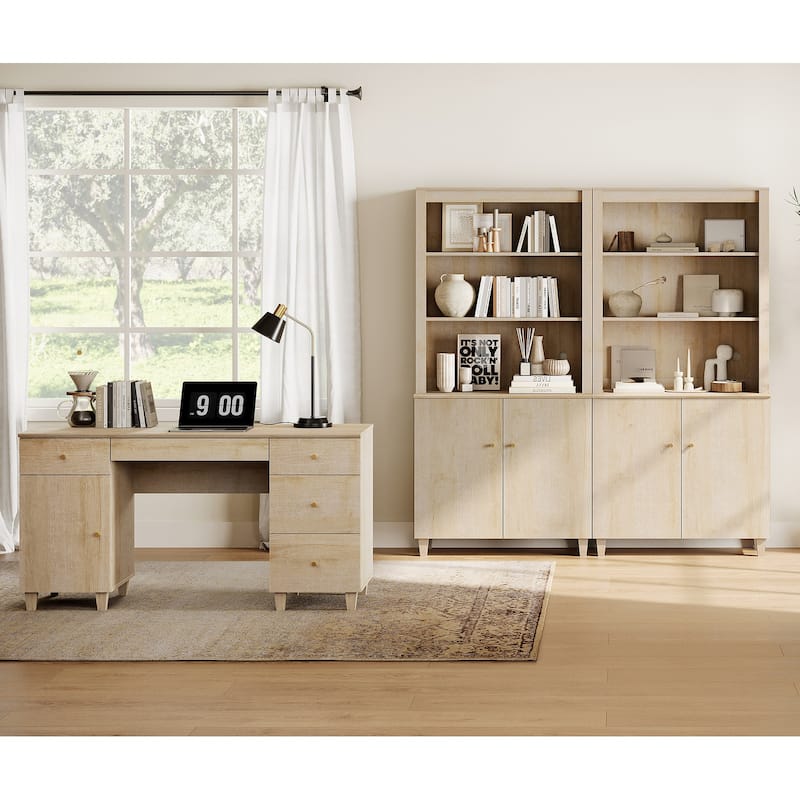 WAMPAT Home Office Furniture Set, 58" Executive Desk with Cabinet, 2-Column 71" Tall Bookcase with Doors and Adjustable Shelves