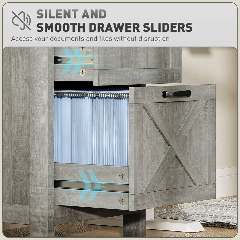 HOMCOM 2 Drawer Vertical File Cabinet with Silent Slides,Farmhouse Filing Cabinet with Barn Doors for A4/Letter Size