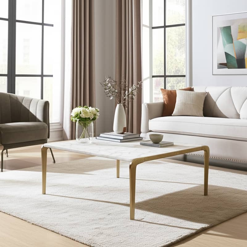 Metal Coffee Table Mosaic Top Minimalist Savoir Design - 19" Gold - 40" x 40" x 18.75" - 40" x 40" x 18.75" - Gold/ White - Marble