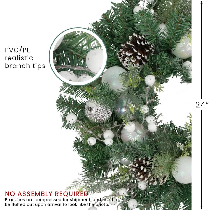 Green Pine Artificial Wreath Berries Iridescent Ornaments 24"