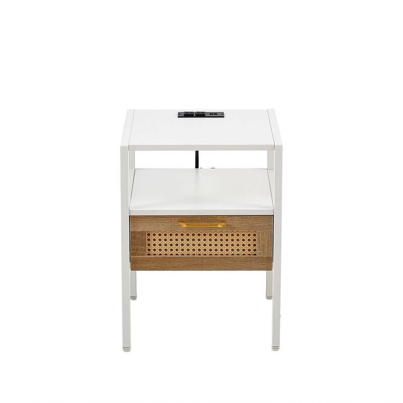 15.75" Modern Rattan End Table with Charging Station Nightstand with Drawer Metal Legs Side Table