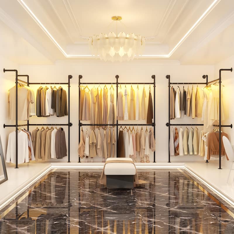 38- 153 Wide Heavy-Duty Wall-Mounted Garment Rack, Pipe Clothes Hanging Rods Closet System