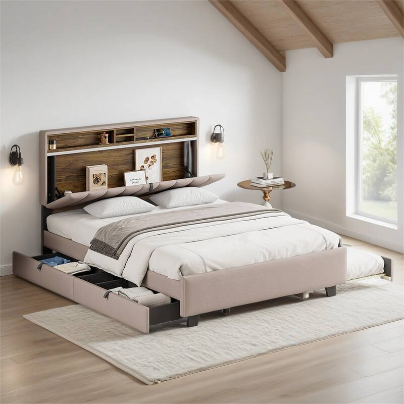 Queen size Upholstered Platform Bed w/ Twin XL Size Trundle & 2 Drawer