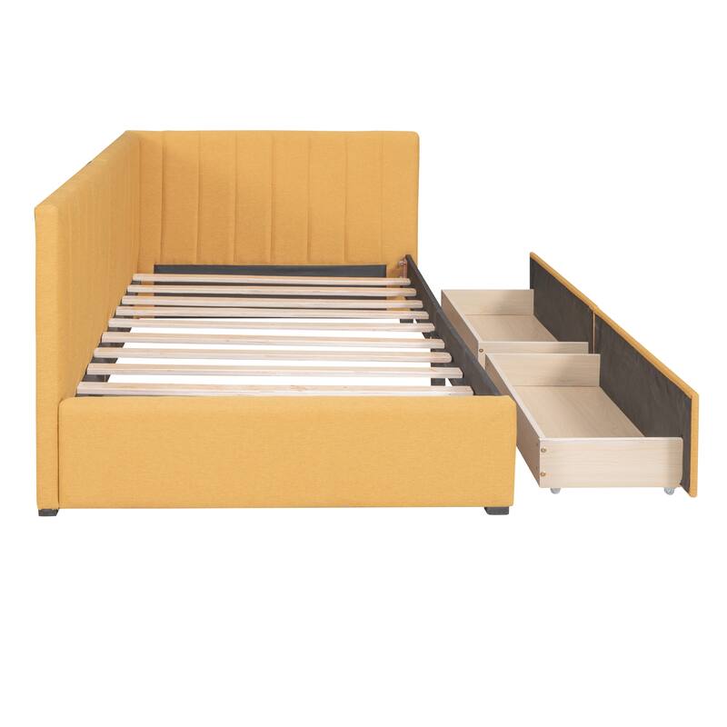 Twin Size Daybed with 2 Storage Drawers Sofa Bed Frame Wood Slat Support Semi-Closed Design Upholstered Daybed