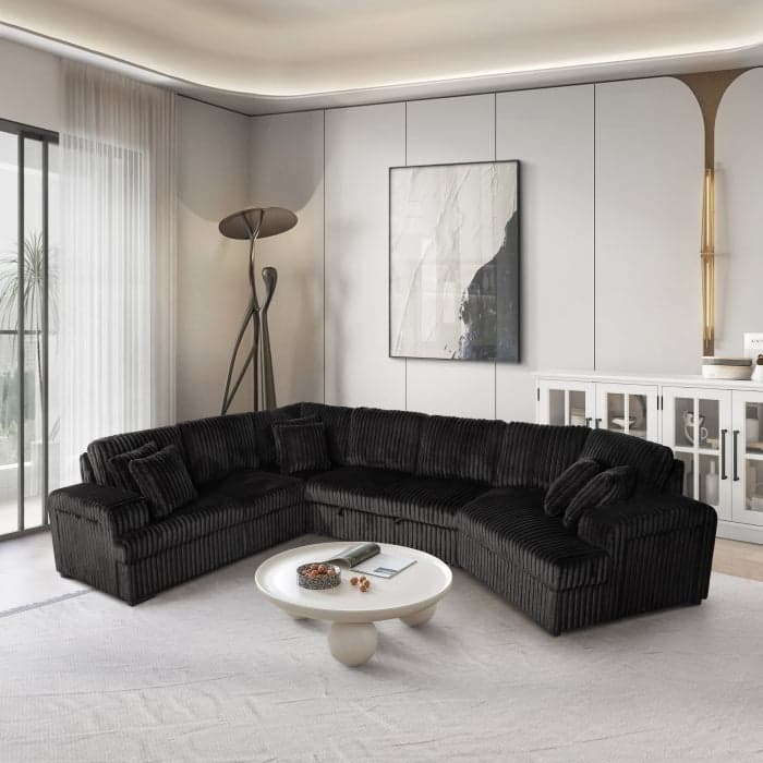 Modern Right Facing Half U-Shaped Pull Out Sectional Sofa with Storage Armrest, USB Port and Pillows